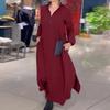 Женское платье макси с лацканами и V-образным вырезом, большой размер, с разрезом подол, однотонное, с длинными рукавами, мягкое дышащее платье трапециевидной формы до щиколотки, осеннее весеннее платье