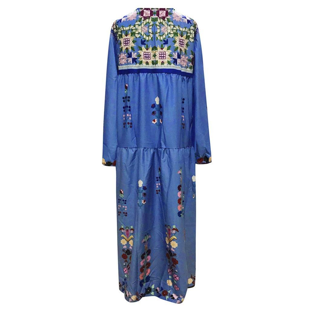 Women Plus Size V Neck Print  Long Sleeve Boho Dress Party Maxi Dress
