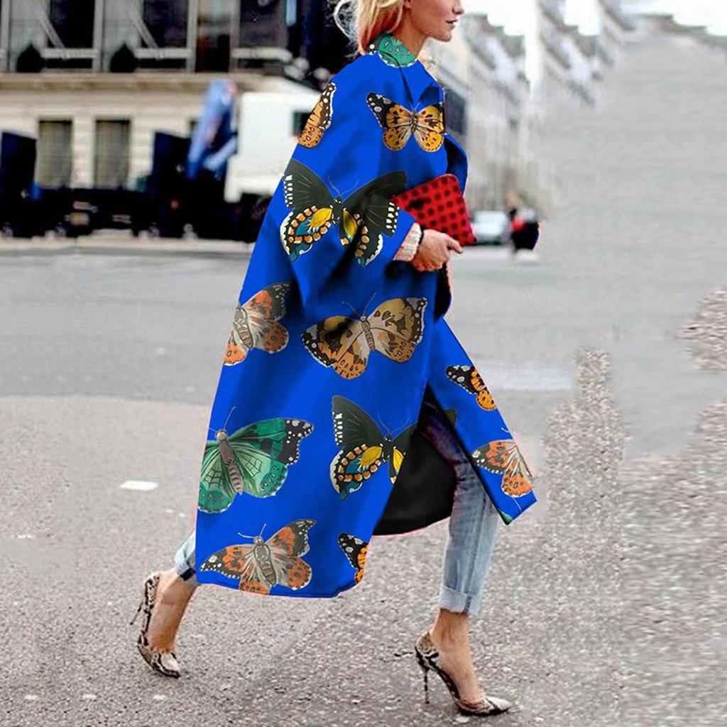 Модная женская карманная куртка с принтом, верхняя одежда, кардиган, пальто, длинный плащ