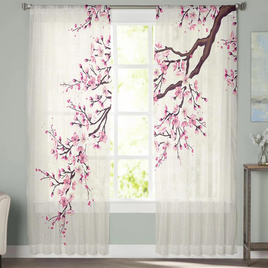 Тюлевые шторы с сакурой в японском стиле для гостиной, кухни, современные оконные занавески из вуали
