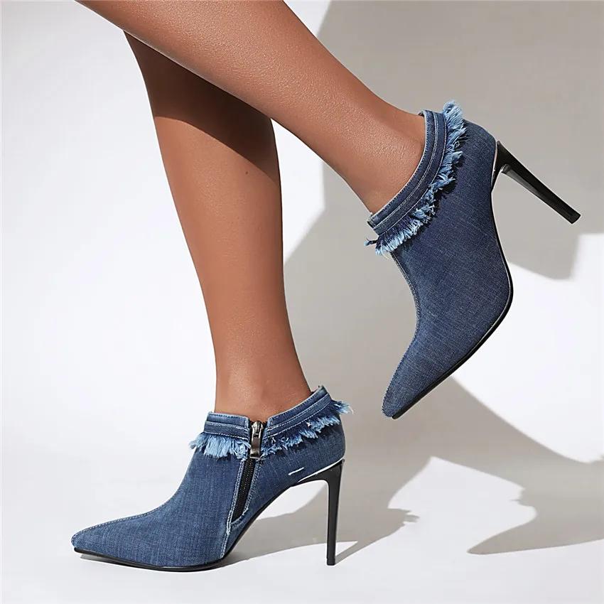 Summer Brushed Denim Ankle Boots Women Sexy High Thin Heels Pointed Toe Pumps Blue Rubbed Jean Party Dress Lady Stiletto Booties