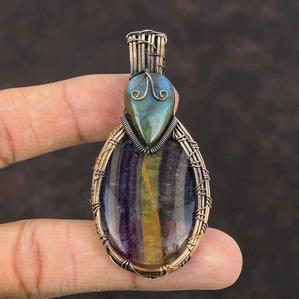 Multi Fluorite Pendant Copper Wire Wrapped Pendant Labradorite Gemstone Pendant Copper Wire Wrap Jewelry Handmade Pendant Gift For Her & Mom