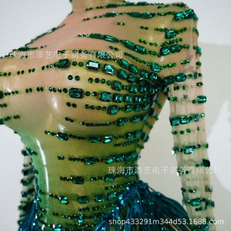 Green Fringe Rhinestone Latin Dance Performance Dress Stage Show Party Competition