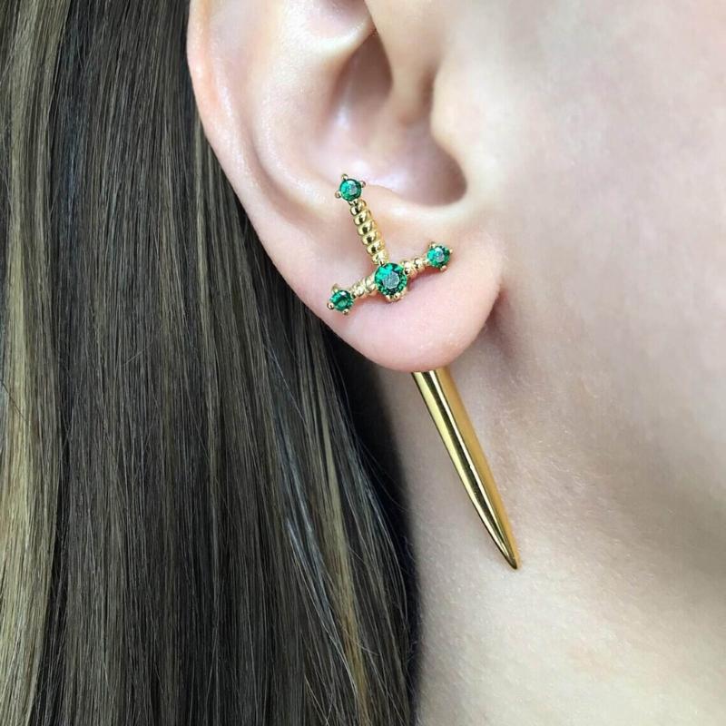 Novel Punk Multicolor Crystal Dagger- Earrings Metal Sword- Handle Studs Earrings for Women Girls Halloween Jewelry Gift