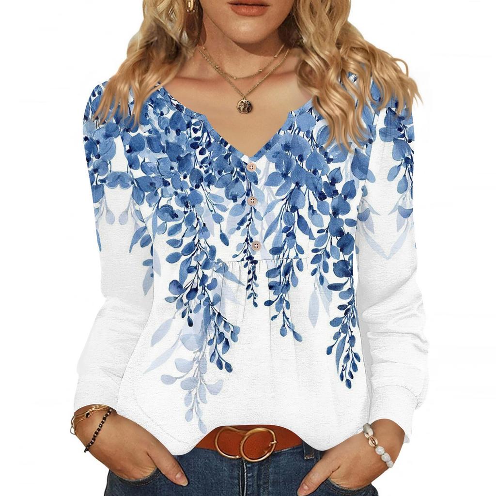 Женская модная повседневная блузка с V-образным вырезом на пуговицах, с длинным рукавом, пуловер, футболка, топ