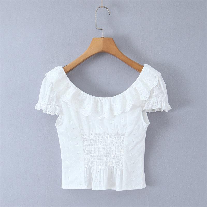 Белая рубашка с кружевным воротником и пышными рукавами - Женский ретро топ на пуговицах с вышивкой и акцентом на талии