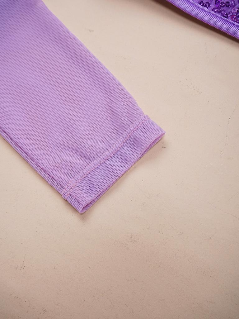 Укороченный топ для танцев для девочек с длинным рукавом, круглым воротом, вырезом на спине, украшенный блестящими пайетками