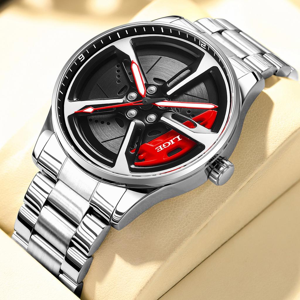 LIGE Fashion Mens Car Wheel Watches Luxury Steel Waterproof Watch for Men Quartz Wrist Watches Male Clock Relogio masculino