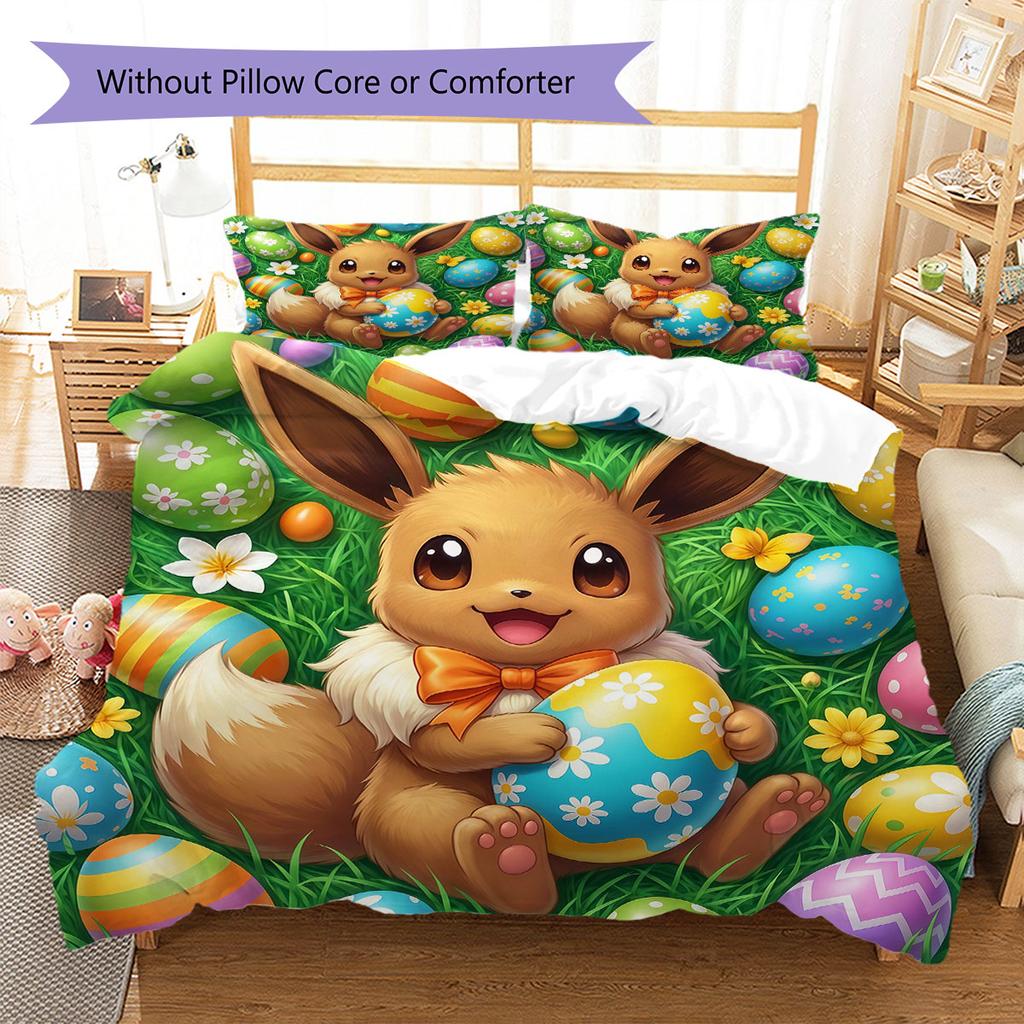 Cute Easter egg Pattern Bedding Quilt Set Quilt Cover Pillowcase Home Decoration Birthday Gift (1 * duvet cover + 2 * pillowcase, without core)