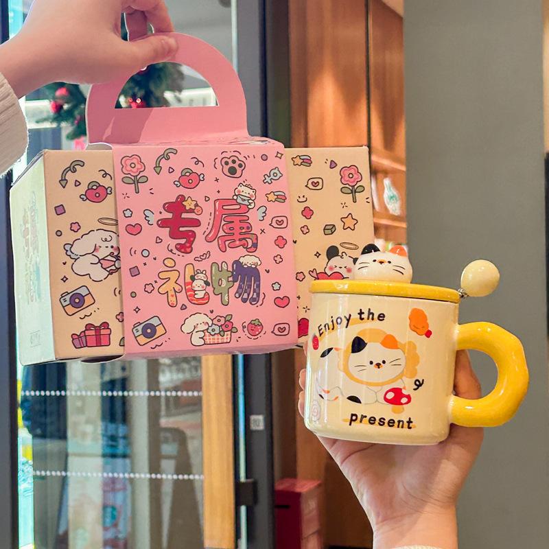 Birthday Gift Cute Cat Mug with Lid Couple Water Cup High Looking Bestie Ceramic Cup Practical Souvenir
