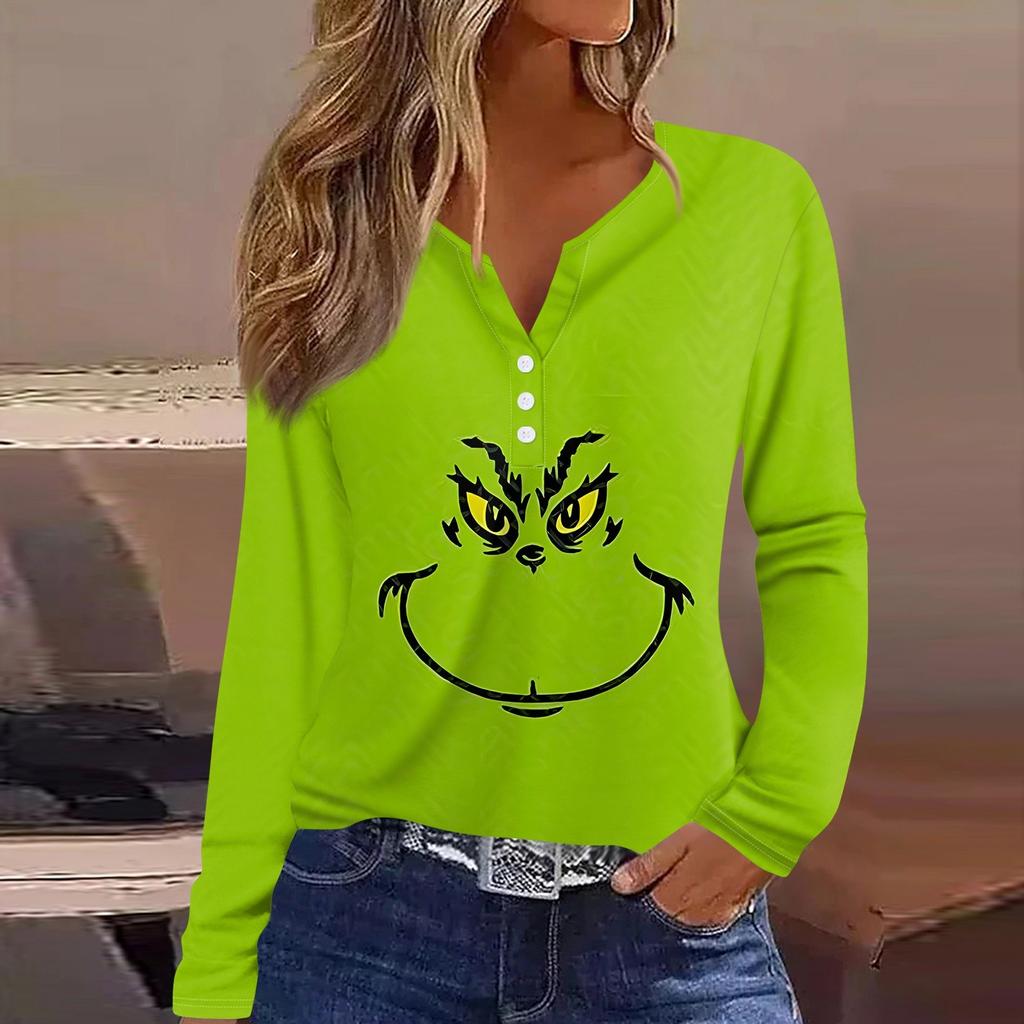 Women's T Shirt Tee Christmas Print Button Long Sleeve Daily Weekend Fashion Basic V- Neck Regular Top