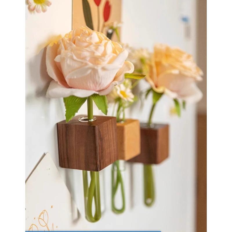 Solid Wood Refrigerator Sticker Test Tube Vase Creative Daily Home Decoration Wooden Flower Bottle Simple Magnetic Suction Craft
