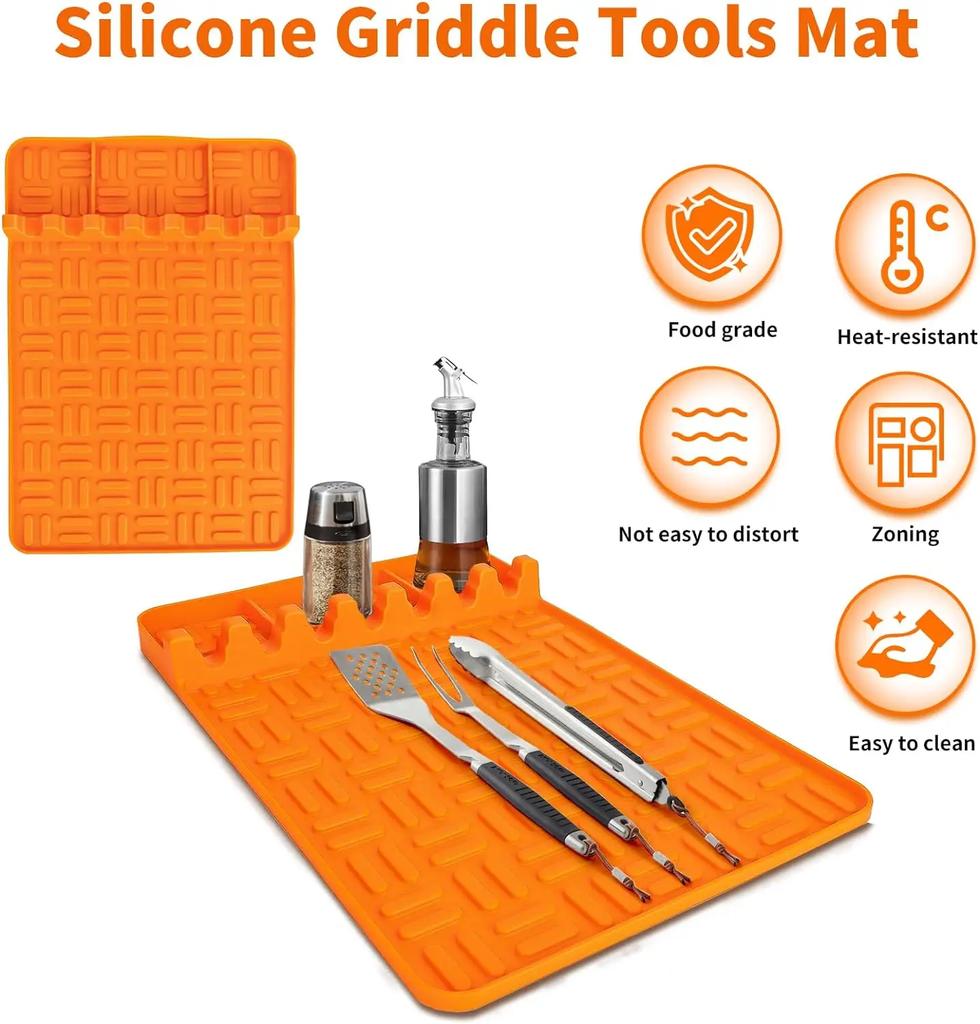 2pcs BBQ Silicone Griddle Tools Mat for Blackstone,Spatula Mat with Drip Pad Grill Mat,Side Shelf Mat for Blackstone