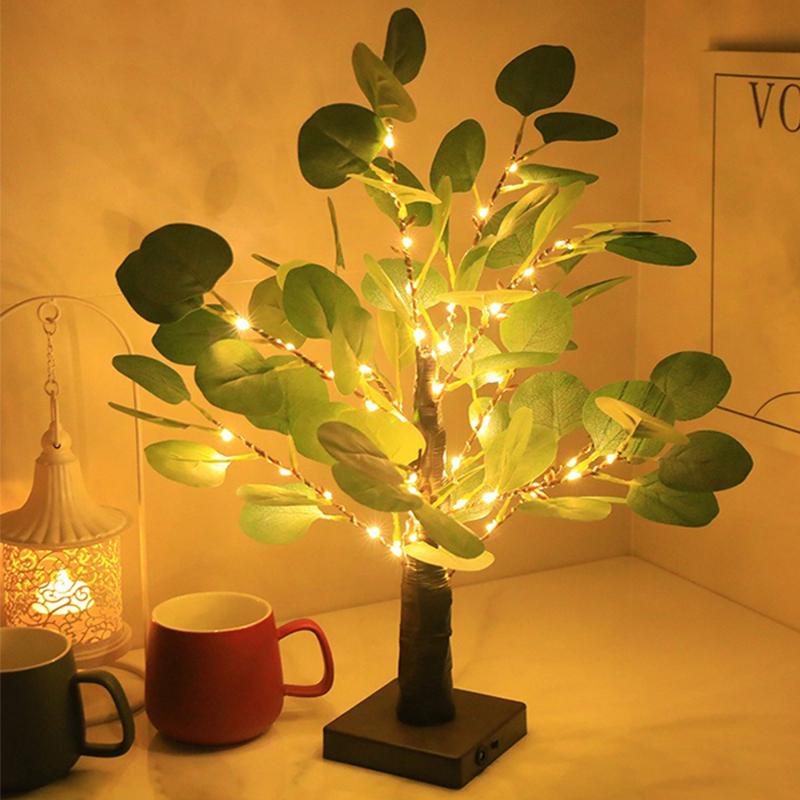 Светодиодная настольная лампа-дерево Искусственный эвкалипт 55см Светодиоды Работает от батареек/USB Огни-деревья для комнаты Спальни Настольная лампа Украшение стола
