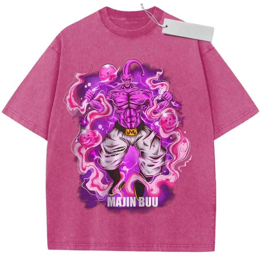 Unisex Washed Pink Vintage Tshirt Dragon Ball Majin Buu Highquality Fabric for Home Leisure Travel Shopping