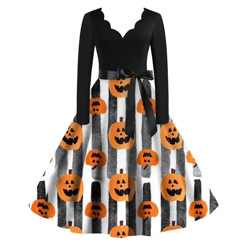Женское винтажное классическое платье с вырезом на талии и галстуком-бабочкой с длинными рукавами на Хэллоуин с принтом и V-образным вырезом, свободное платье