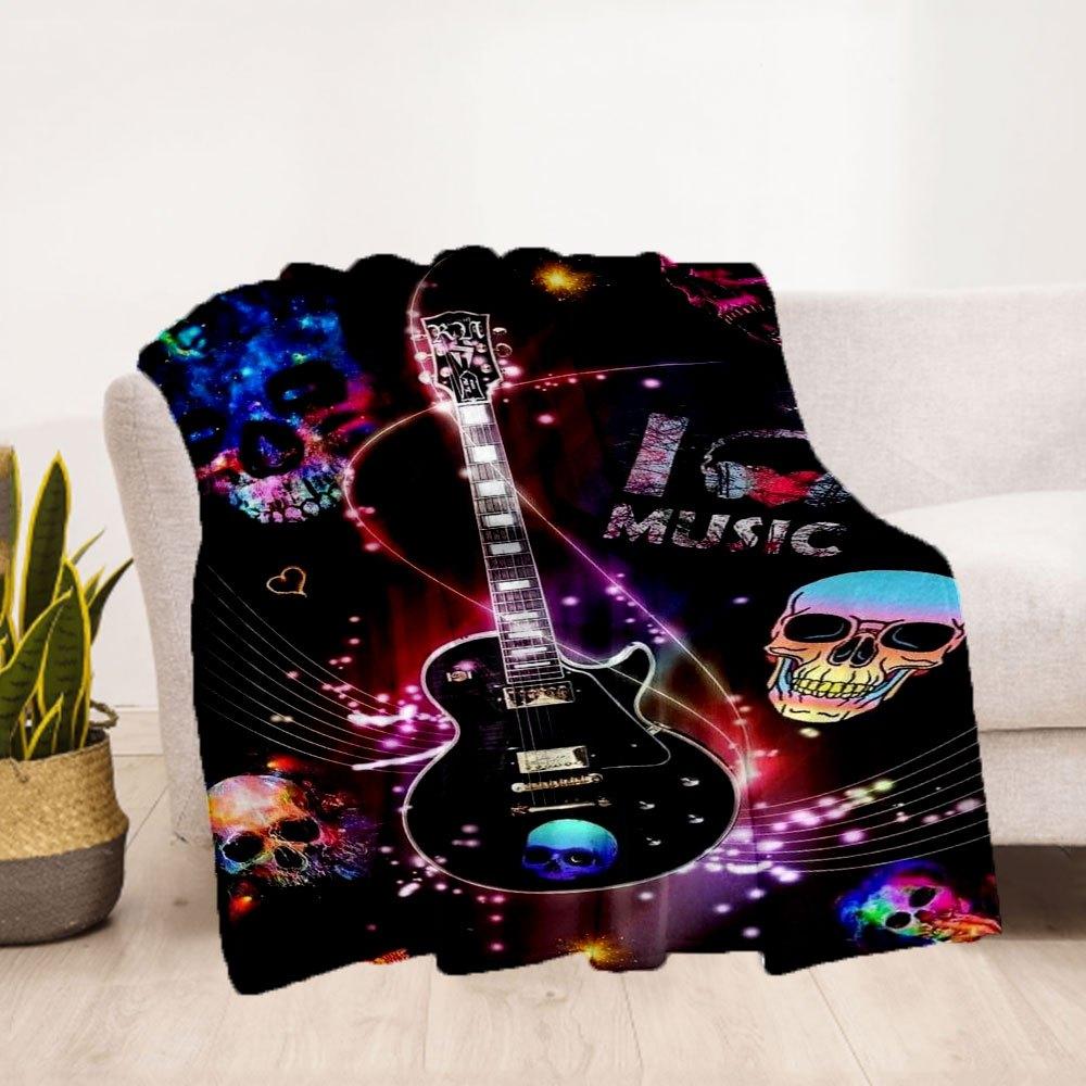 "Electric Guitar with Skulls & Music Notes Art Print Poster"Blanket Flannel Throw Blanket for Sofa, Bed, Travel, Camping, Office