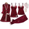 Women's Velvet 4 Piece Pajama Set Lace Embellished Nightgown Sleepwear Loose Casual Kimono Bathrobe Gown