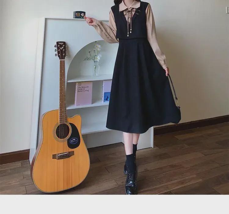 Платье большого размера с высокой талией, многослойное, из двух частей, с эффектом осеннего корейского стиля в колледже