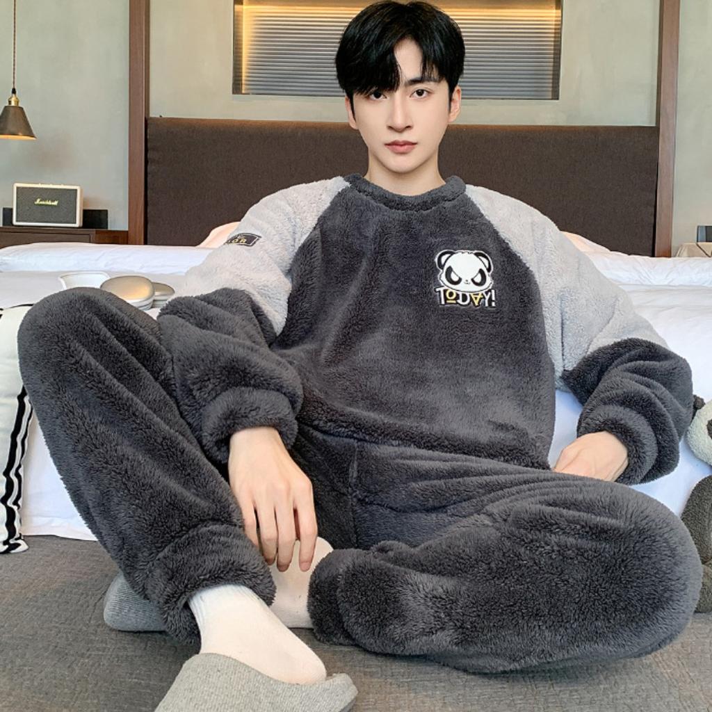 Зимняя одежда, коралловый флис, пижамы, мужская одежда, утепленный флис, круглый вырез, брюки с длинными рукавами, костюмы, домашняя одежда