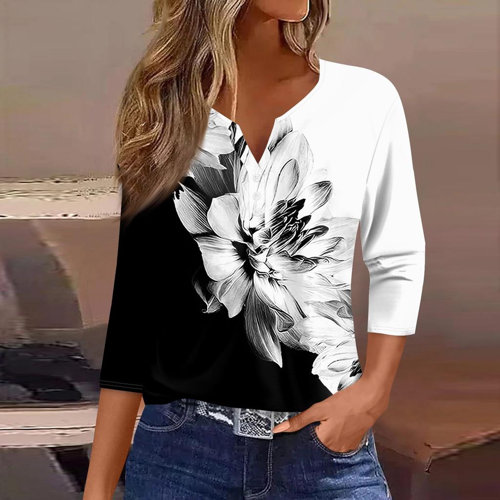 Women's T Shirt Tee Print Button  3/4 Sleeve Daily Weekend Fashion Basic V- Neck Regular Top