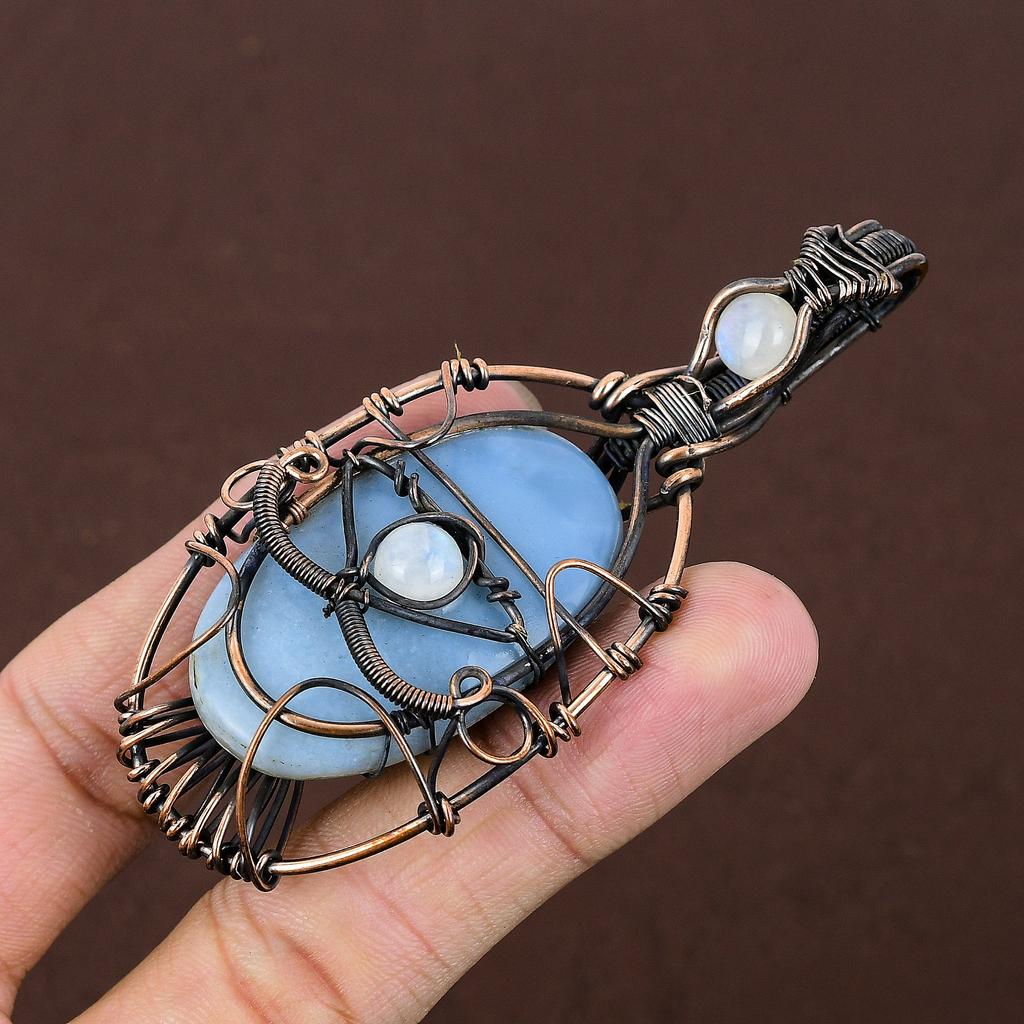 Owyhee Opal, Moonstone Gemstone Copper Wire Wrap Pendant 3.39"