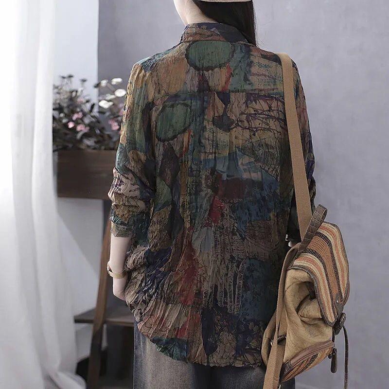 Ретро-художественная летняя принтованная тонкая рубашка женская с длинными рукавами большого размера пуловер базовая рубашка свободный топ женская мода