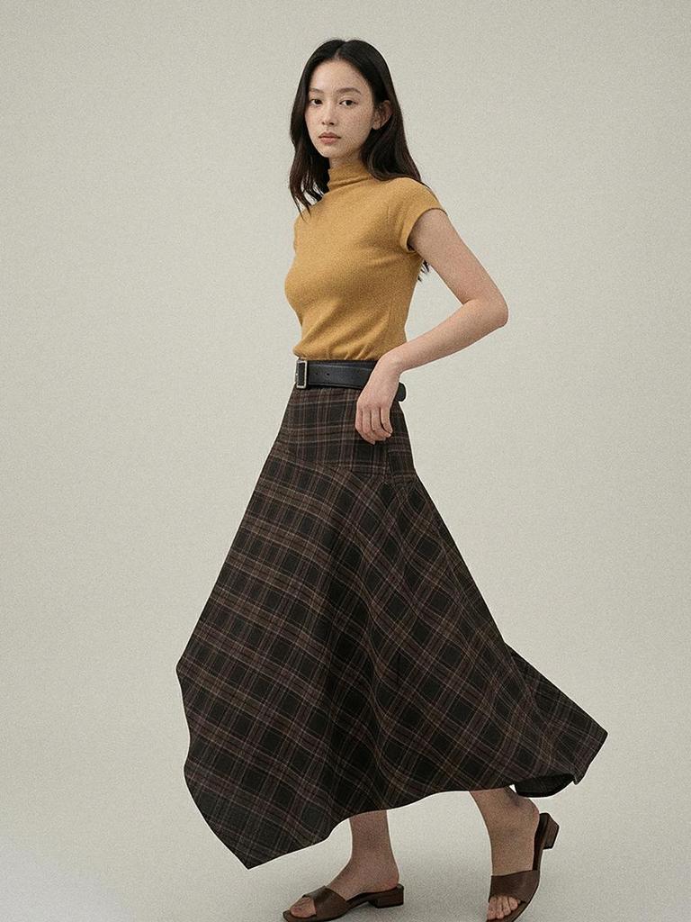 Ge Ming Women's Retro High-Waist Irregular Plaid Mid-Length Skirt for Spring, W442C