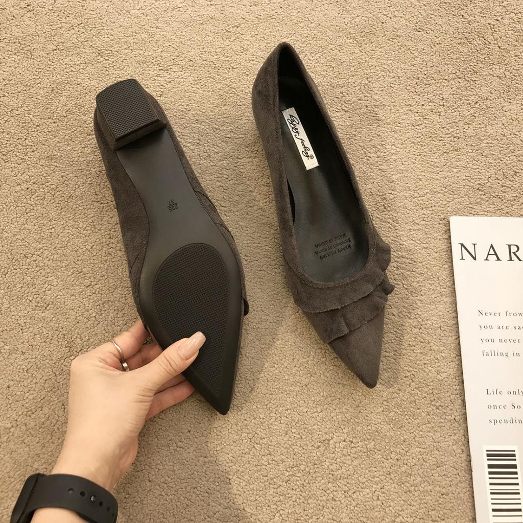 Остроносые французские туфли с открытым верхом на толстом каблуке из замши, женские 2025, новая мягкая подошва, универсальные, для юбки, для работы, вечерние туфли