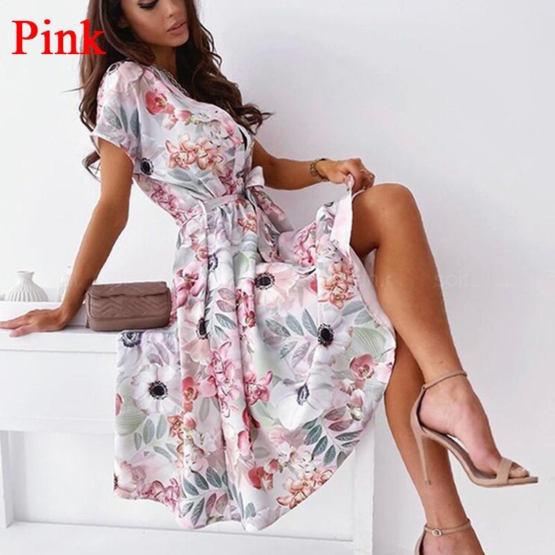 Summer Women Shirt Lace-Up Belt Dress V Neck Button Short Sleeve Party Dress Vintage Pattern Print A-Line Midi Dresses