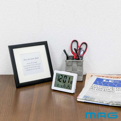 MAG (Mag) Alarm Clock, Compact, Digital, with Thermometer, Calendar, Electronic Sound, Snooze Function, and Light, White Brim, Model T-779A WH-Z, Noah