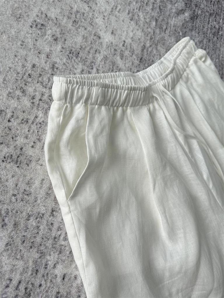 2024 Комплект из льняной рубашки с подсветкой и плиссированных брюк из хлопка и льна на завязках для женщин