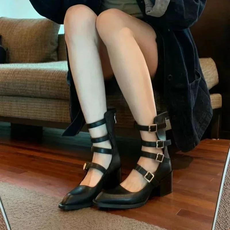 Fashion Hot Selling Women's Shoes 2024 Summer Pointed Toe Solid Color Women's High Heels Fashion Buckle Square Heel Casual High Heels