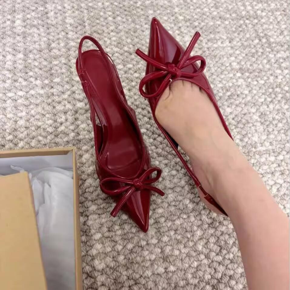 Модные туфли-лодочки с бантом женские 2025 лето новые французские с открытым вырезом на тонком каблуке эластичные босоножки на высоком каблуке женские