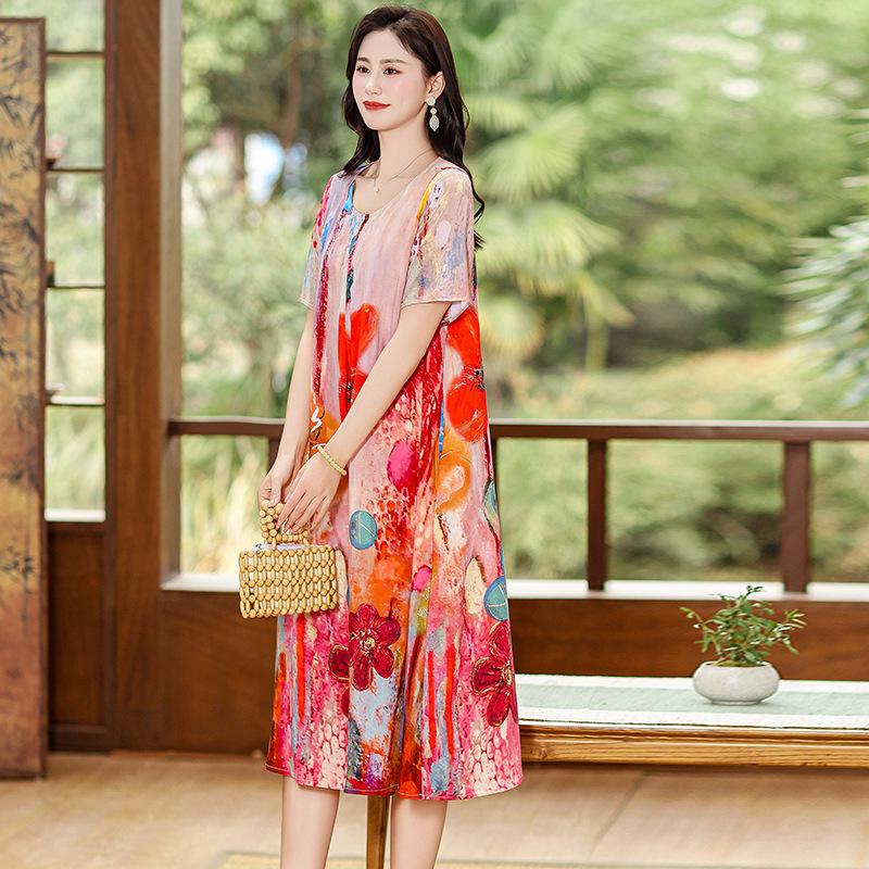 Летнее этническое миди-платье с цветочным принтом из хлопка и шелка – с коротким рукавом, свободного кроя, стройнящая накидка для мам