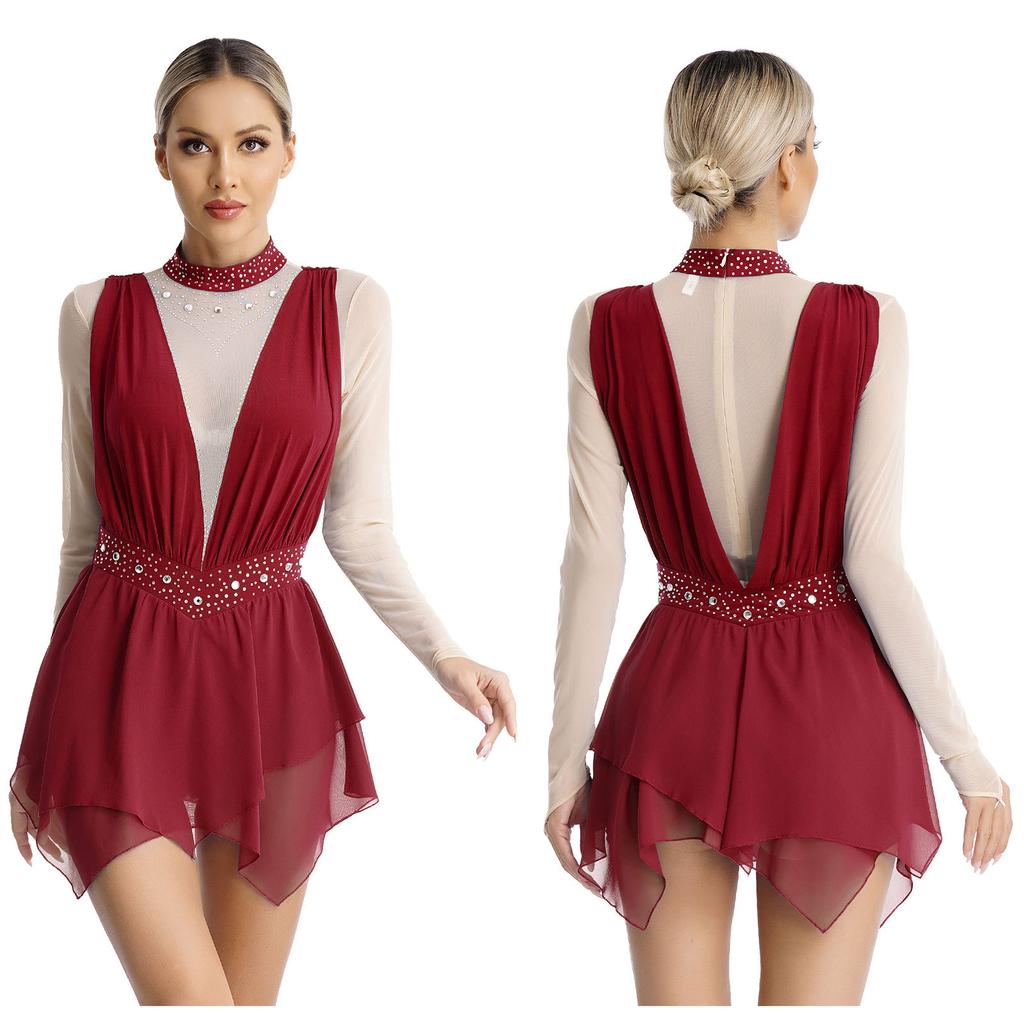 Шифоновое платье с длинными рукавами для фигурного катания, костюм для выступлений с воротником-стойкой, тюлевая юбка, купальник, современная танцевальная одежда