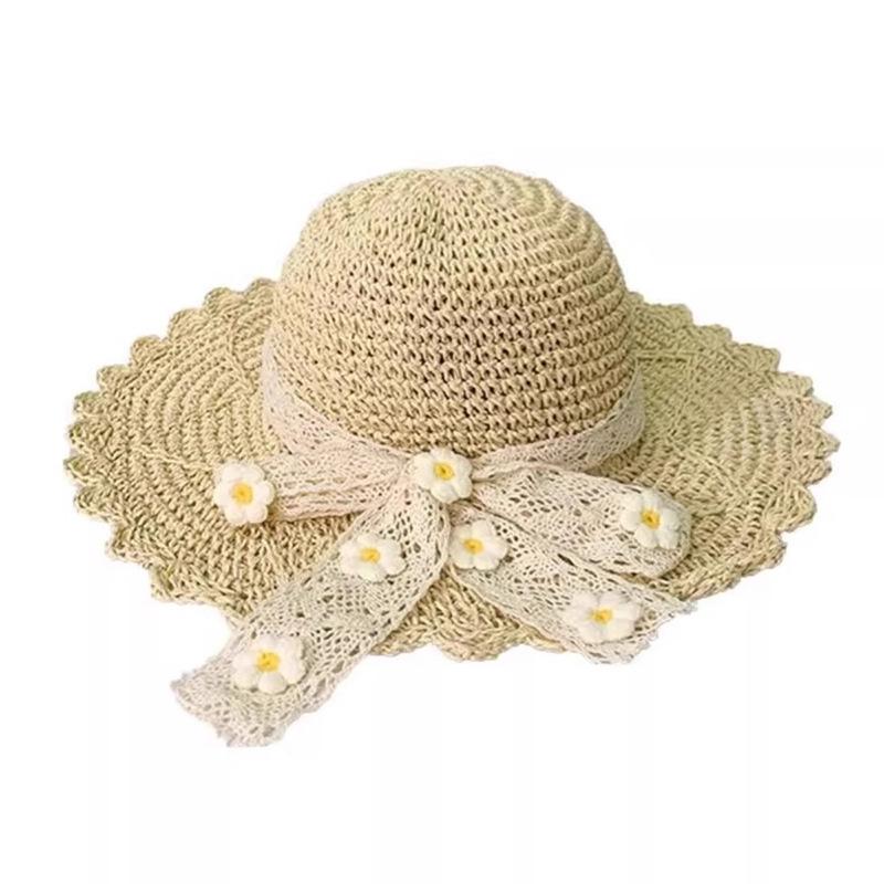 Women's Summer French Style Floral Lace Bowknot Straw Hat Beach Vacation Wide Brim Sun Protection Sun Hat