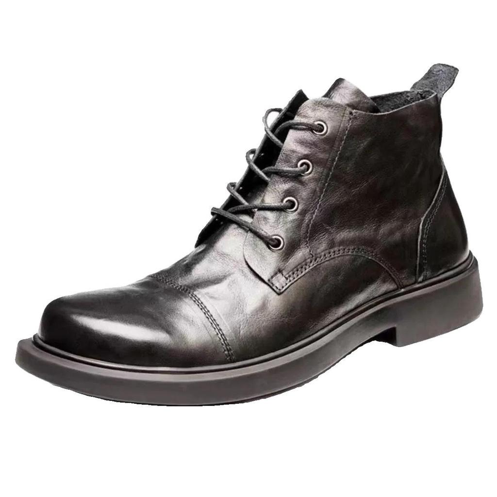 Men's Spring Leather Round-Toe Boots, Comfortable Wear-Resistant High-Top Shoes, Versatile British-Style Large-Size Mid-Top Martin Boots.
