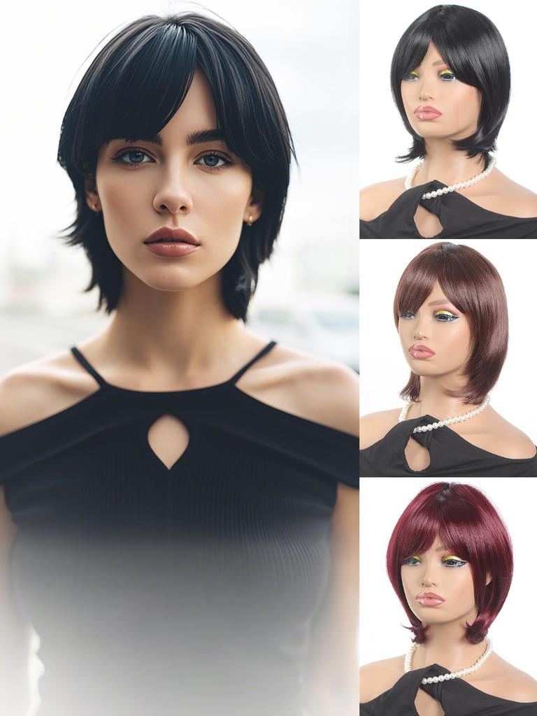 Короткие прямые парики боб для женщин, черные, коричневые, красные, синтетические, натуральные волосы, парик с челкой, термостойкие, для повседневного использования, для косплея