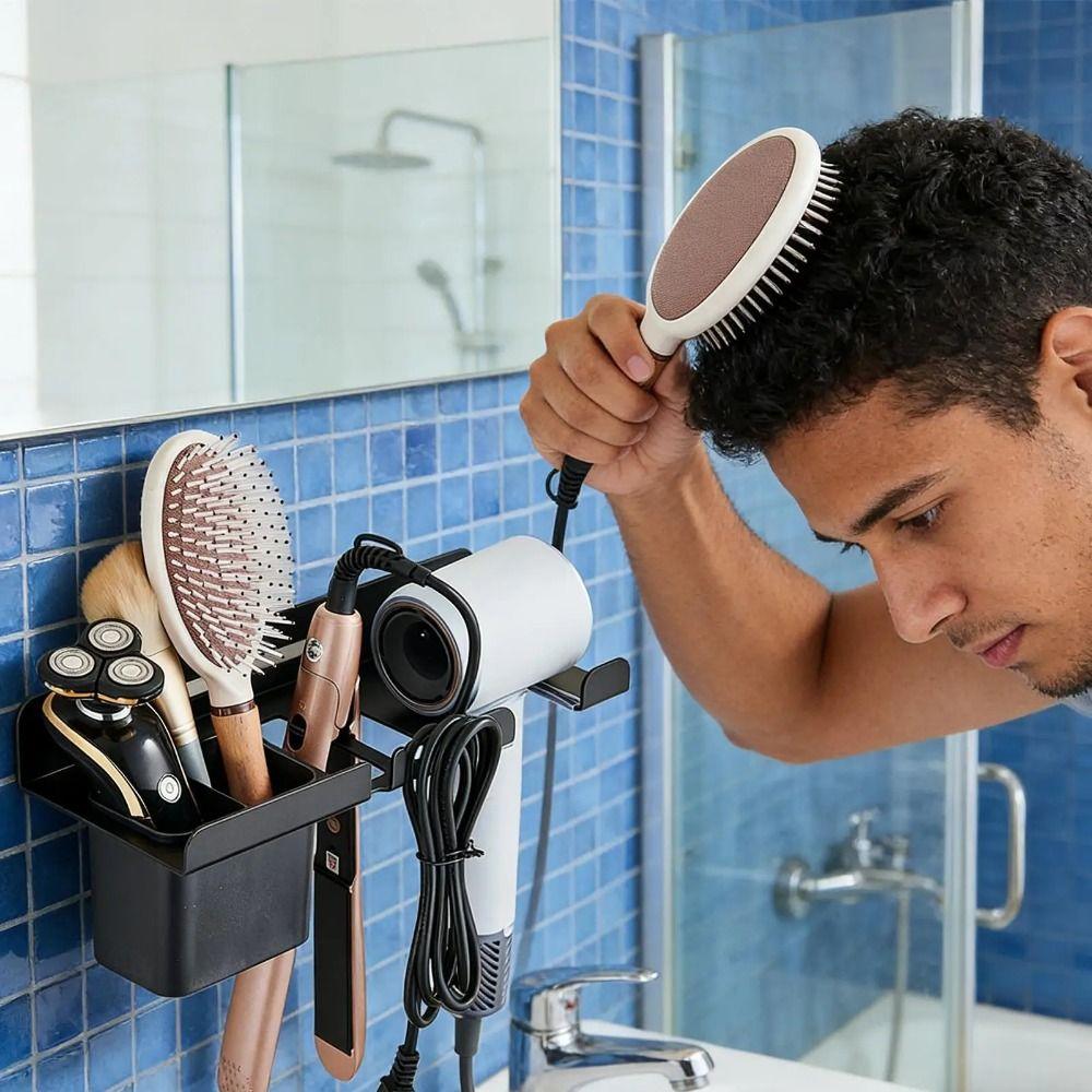 Wall Mounted Hair Dryer Holder Carbon Steel Curling Iron Shelf Toilet Blower Holder  Hairbrush