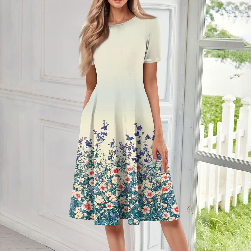 Women's Loose Casual And Fashionable Round Neck Short Sleeved Printed Mid Length Dress