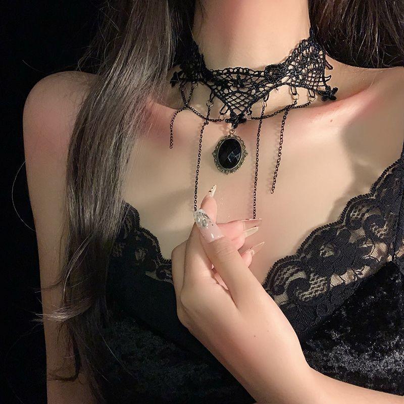 Ретро Ведьма Принцесса Черное Кружево Кисточка Цветок Чокер Ожерелье