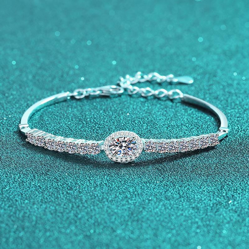 S925 Sterling Silver Hand-inlaid Moissanite Bracelet for Women Sapphire Blue Oval Edge Row Diamond Chain Niche Design Simple