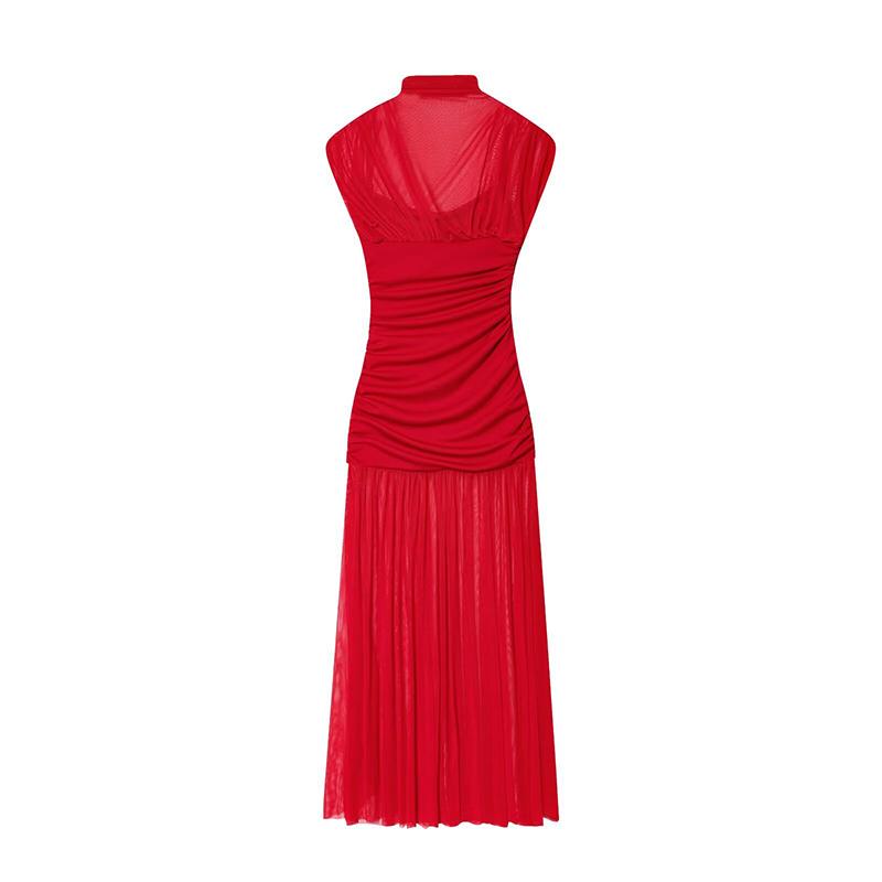 Черное сетчатое макси-платье для женщин, сексуальное платье без рукавов, прозрачное плиссированное платье для вечеринки, женская мода, облегающее длинное платье 2025