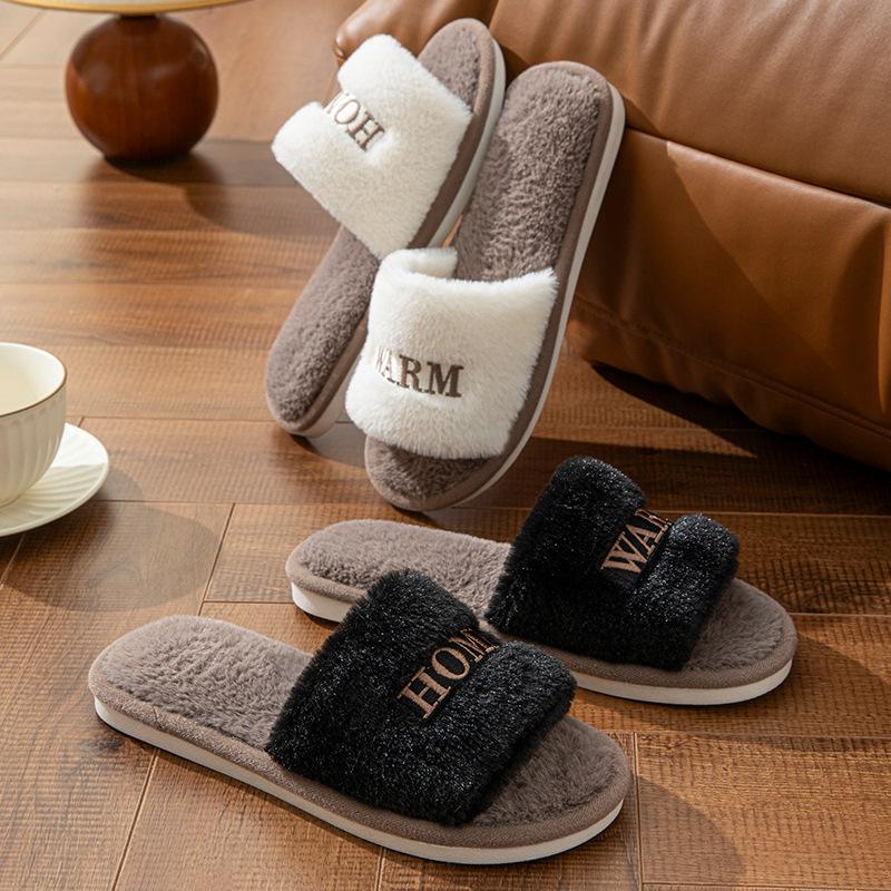 Зимние домашние плюшевые теплые хлопковые тапочки с вышивкой на мягкой подошве