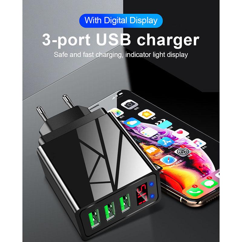 VAORLO Светодиодное зарядное устройство USB-порт 5V 3.1A Быстрая зарядка Три порта для USB-кабеля для зарядки USB-кабель со штекером EU ES Светодиодный дисплей