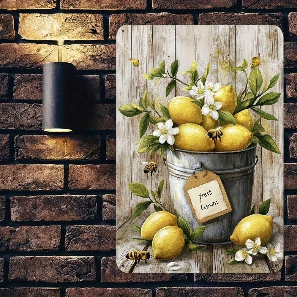 Металлическая табличка 'Рустик Лимон', 8x12 дюймов, Винтажное Железное Настенное Искусство, Декор в Стиле Фермерского Дома с Желтыми Лимонами