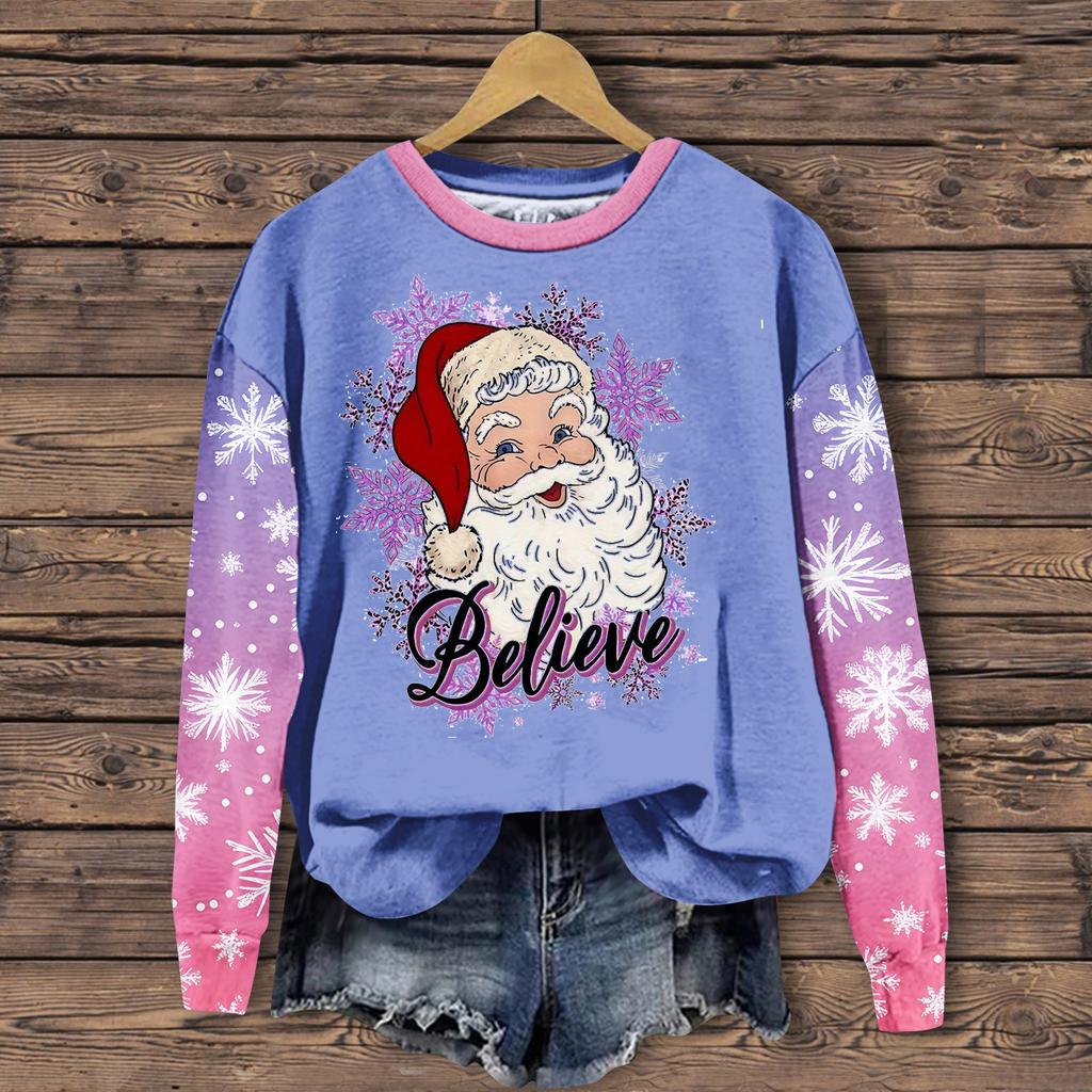 Женская мода повседневная толстовка с длинным рукавом и принтом Санта-Клауса с круглым вырезом