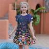 Синие платья с цветочным принтом для девочек. Детское праздничное платье для девочек. Свободный крой. Свободная юбка с короткими рукавами для девочек старше четырех лет.