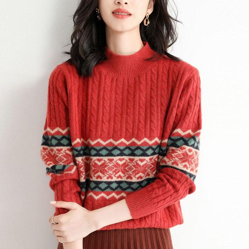 New Autumn and Winter Fashion Trend Retro Ethnic Style Half High Neck Loose Versatile Casual Age Reducing Women's Knitted Sweate